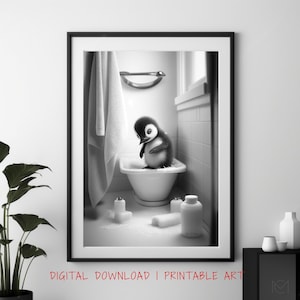 Fun Penguin Wall Art, Charming Bathroom Decor, Unique Animal Print, Funny Bathroom Art, Penguin Gifts, Wall Art, Bath Time, Toddler Wall Art