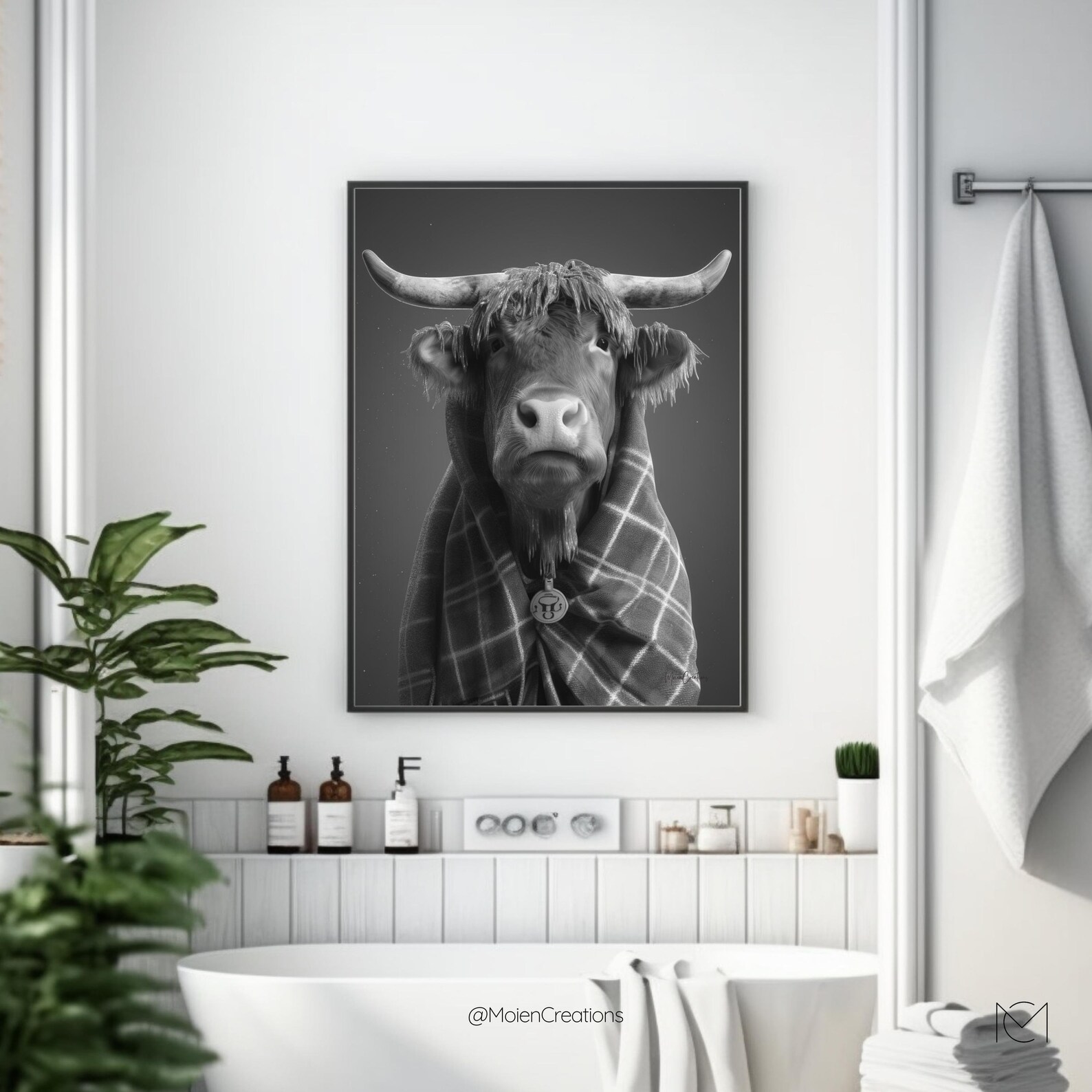 Scottish Highland Cow in the Bathroom Wrapped in Towel Fun Bathroom