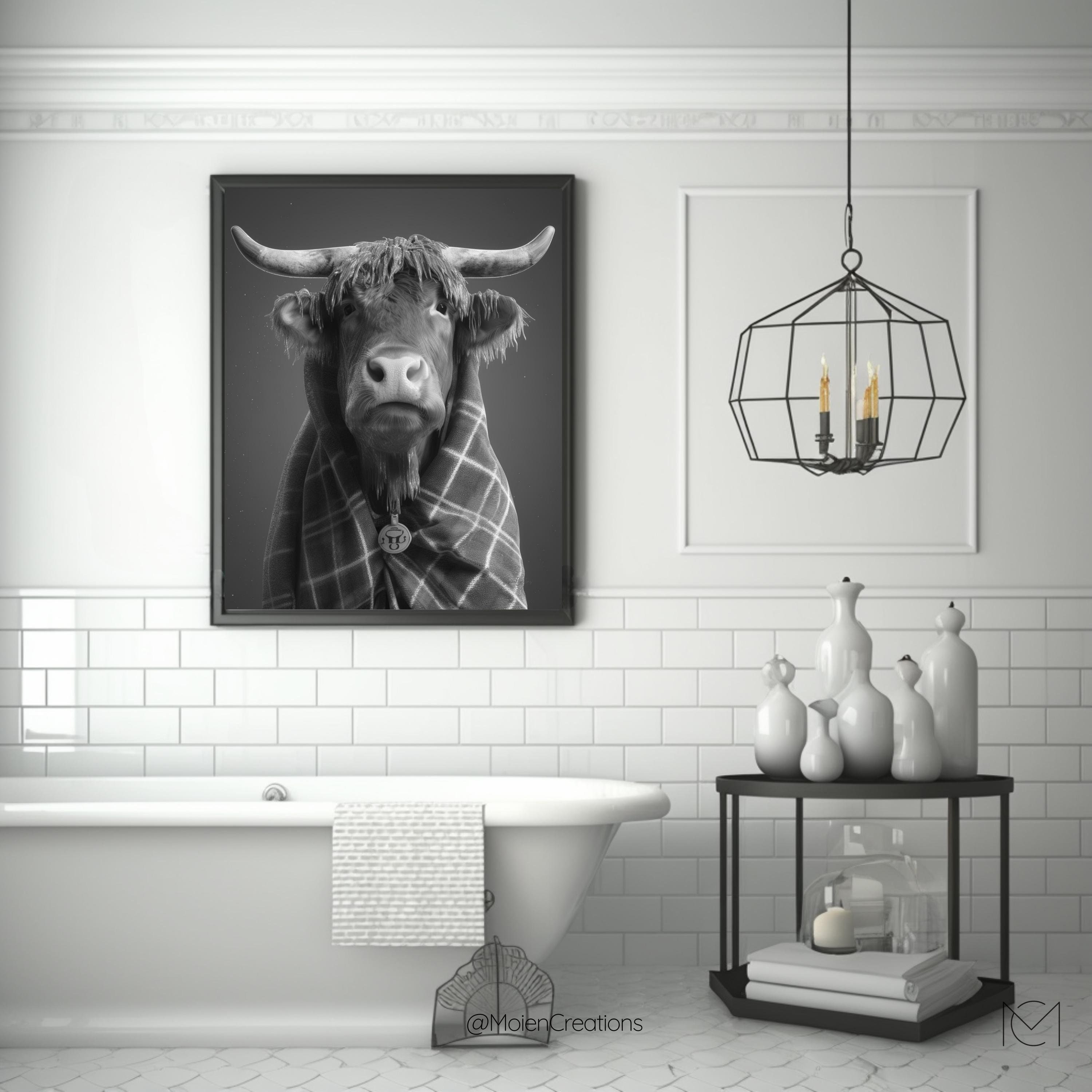 Scottish Highland Cow in the Bathroom Wrapped in Towel | Fun Bathroom ...