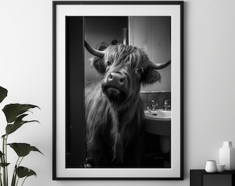 Highland Cow in the Bathroom. Fun Bathroom Decor. Animal Bathroom Print. Bath Time Art Printable. Restroom Wall Art. Funny Bathroom Gift.