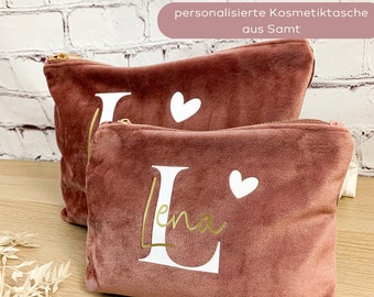 personalisierte Kosmetiktasche aus Samt, Kulturbeutel mit Initiale und Namen, Geschenk beste Freundin, Muttertagsgeschenk Mama, Mädchen