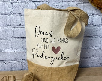 Juteshopper "Omas sind wie Mamas nur mit Puderzucker" in verschiedenen Größen, Jutetasche Oma, Geschenk Oma Geburtstag