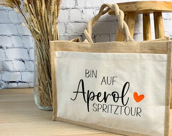 Jutetasche "Bin auf Aperol Spritztour" als Geschenkidee für die beste Freundin, Einkaufstasche mit Spruch, Geburtstagsgeschenk