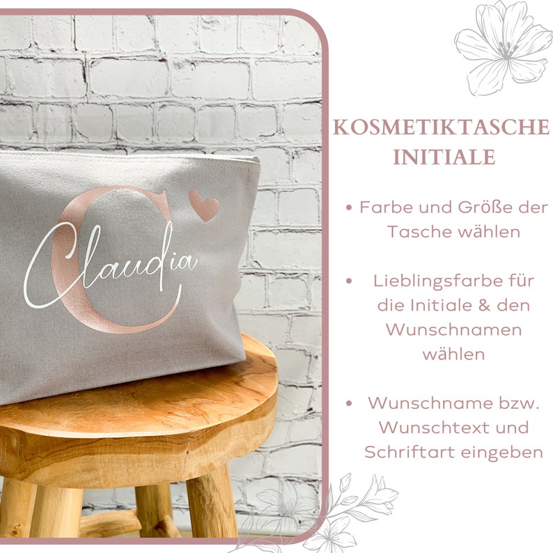 Personalisierte Kosmetiktasche aus Baumwolle Initiale Name, Kulturbeutel aus Canvas Baumwolle, Kosmetiktasche mit Namen Bild 3