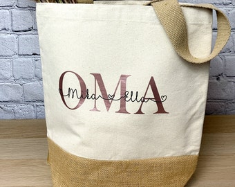 Oma Geschenk Muttertag, personalisierter Shopper als Geburtstagsgeschenk, Geschenk für Mama mit Namen der Enkel, XL Tragetasche