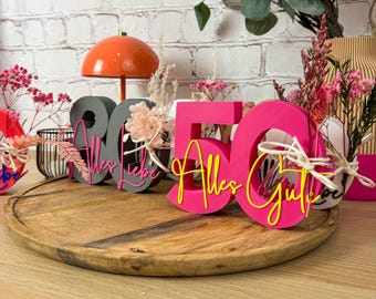 Runder Geburtstag Geschenk Tischaufsteller Zahl mit Trockenblume, Geburtstagsdeko 30 40 50 60 70 als Geldgeschenk