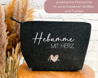 Kosmetiktasche personalisiert Filz Hebamme mit Herz, Dankeschön, Abschiedsgeschenk, personalisiertes Geschenk