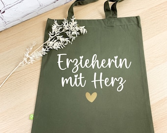 personalisierte Baumwolltasche Erzieherin mit Herz, Abschiedsgeschenk Kindergarten, Geschenktasche, Dankeschön, Kitaabschied