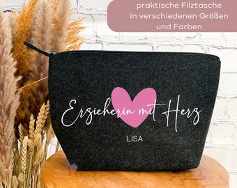 Kosmetiktasche personalisiert Filz Erzieherin mit Herz, Abschiedsgeschenk Kindergarten, personalisierte Geschenkidee