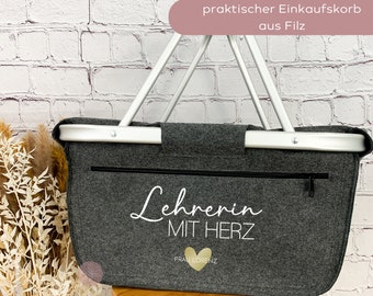 Einkaufskorb Lehrerin mit Herz personalisiert, faltbar, Dankeschön, Abschiedsgeschenk Grundschule, Kindergarten Abschied