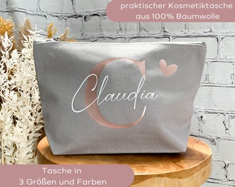 Personalisierte Kosmetiktasche aus Baumwolle Initiale + Name, Kulturbeutel aus Canvas - Baumwolle,  Kosmetiktasche mit Namen