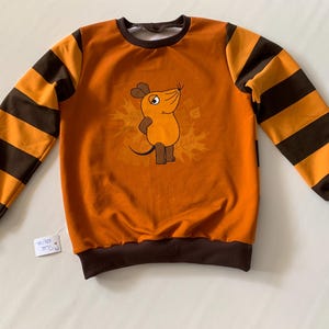 Könnte beinhalten: Orangefarbener Pullover mit braun gestreiften Ärmeln, Kragen und Bündchen. Auf der Vorderseite ist eine Cartoon-Maus abgebildet. Der Hintergrund der Maus ist ein verblasstes Blattmuster. Kinderbekleidung.