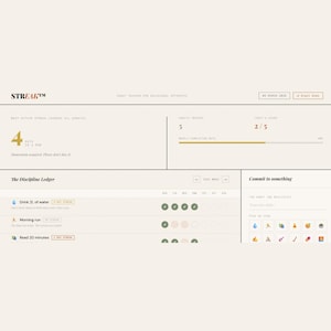 Può includere: Un tracker di abitudini digitale con la parola "STREAK" in alto. Il tracker mostra le abitudini quotidiane, tra cui bere acqua, correre al mattino e leggere. Mostra una serie di 4 giorni e una barra di avanzamento.