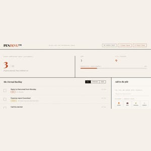 May include: A digital to-do list interface with a cream-colored background. The interface displays the word "PENDING" at the top left. The to-do list includes tasks, progress bars, and a calendar date. The text "The Eternal Backlog" is also visible.
