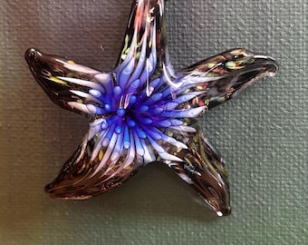Hand Blown Glass Starfish Necklace - Teardrop Style, 20" Leather