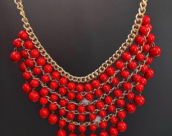 Vintage Red Coral Bead Bib Necklace - Mid Century Modern Gift