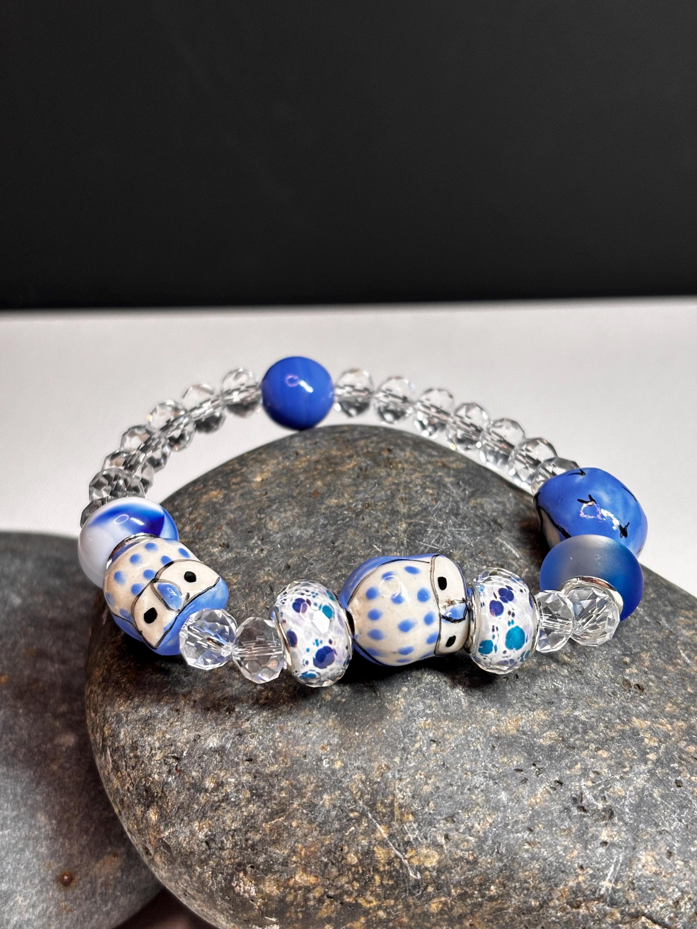 Ceramic Owl Bead Bracelet – Light Blue, Glass Beads, Boho Jewelry