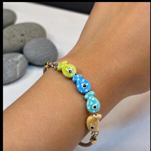 Colorful Fish Bead Bracelet, Adjustable Bolo Bracelet, Lampwork Glass & Ceramic Beads, Beachy Summer Jewelry, Ocean Inspired Gift