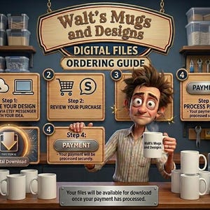 May include: An illustrated guide for ordering digital files from "Walt's Mugs and Designs." The image shows a cartoon man holding a mug, surrounded by steps for choosing a design, reviewing the purchase, and processing payment. White mugs are displayed.