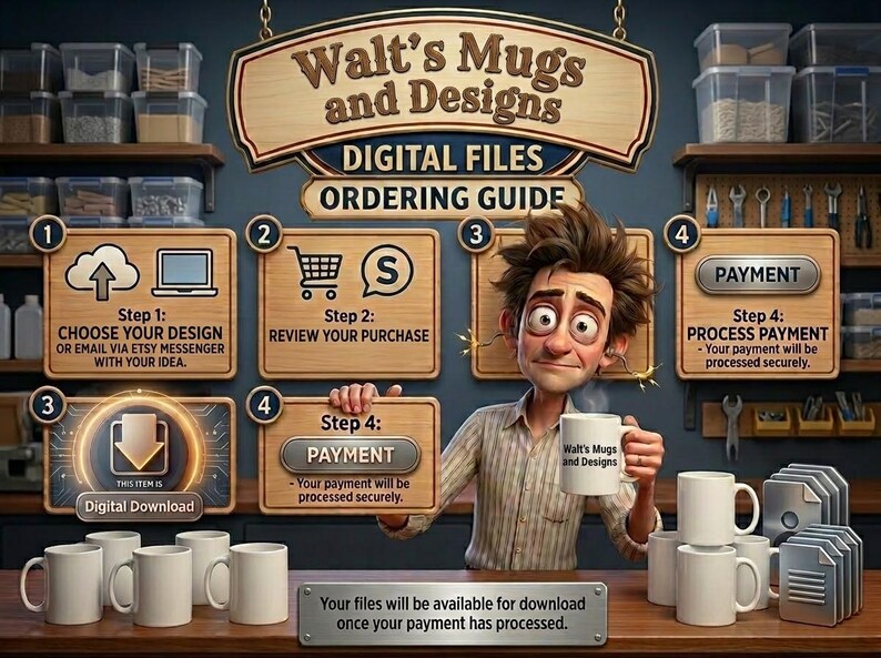 May include: An illustrated guide for ordering digital files from "Walt's Mugs and Designs." The image shows a cartoon man holding a mug, surrounded by steps for choosing a design, reviewing the purchase, and processing payment. White mugs are displayed.