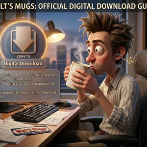 May include: An illustrated guide for digital downloads from Walt's Mugs. The image shows a man drinking from a mug at a desk with a computer, keyboard, and instructions for downloading. The text reads "WALT'S MUGS: OFFICIAL DIGITAL DOWNLOAD GUIDE."