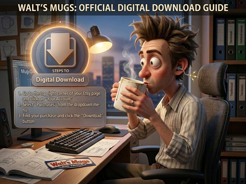 May include: An illustrated guide for digital downloads from Walt's Mugs. The image shows a man drinking from a mug at a desk with a computer, keyboard, and instructions for downloading. The text reads "WALT'S MUGS: OFFICIAL DIGITAL DOWNLOAD GUIDE."