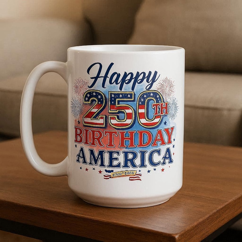 May include: White ceramic mug with the text "Happy 250th Birthday America" in blue, red, and white. The design includes fireworks, stars, and the number 250 in a patriotic style. The mug has a large handle.