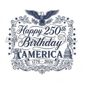 May include: A navy blue graphic design with the text "Happy 250th Birthday AMERICA" and the years 1776-2026. The design includes an eagle, the Liberty Bell, and the Capitol building, all within a decorative frame.