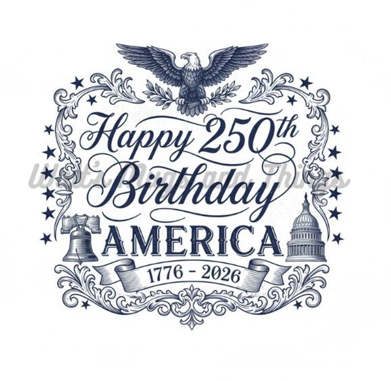 May include: A navy blue graphic design with the text "Happy 250th Birthday AMERICA" and the years 1776-2026. The design includes an eagle, the Liberty Bell, and the Capitol building, all within a decorative frame.