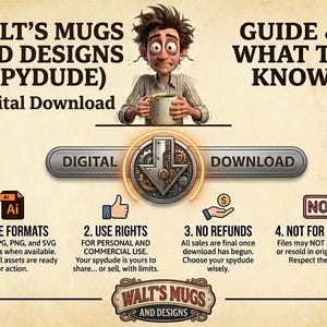 May include: Digital download graphic from Walt's Mugs and Designs. The image features a cartoon character holding a mug, with text that reads "Digital Download." Additional text includes file formats, use rights, no refunds, and not for resale.