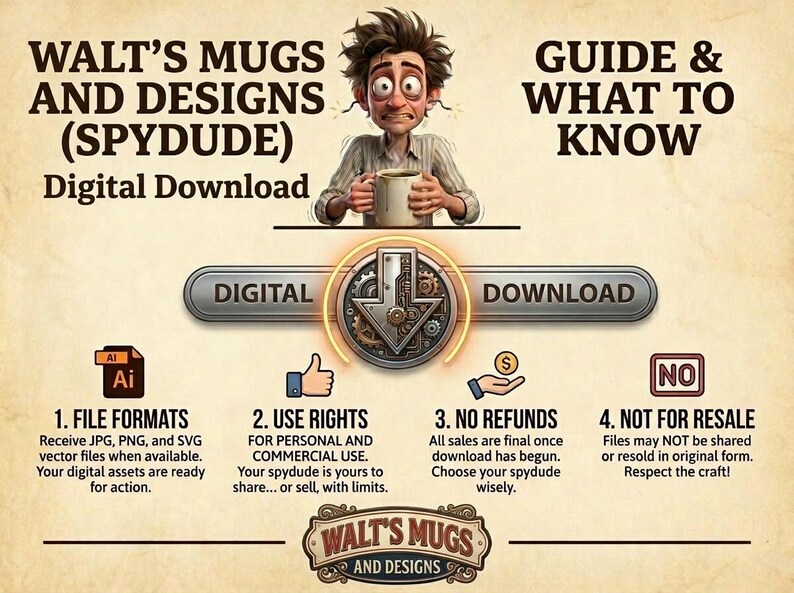 May include: Digital download graphic from Walt's Mugs and Designs. The image features a cartoon character holding a mug, with text that reads "Digital Download." Additional text includes file formats, use rights, no refunds, and not for resale.
