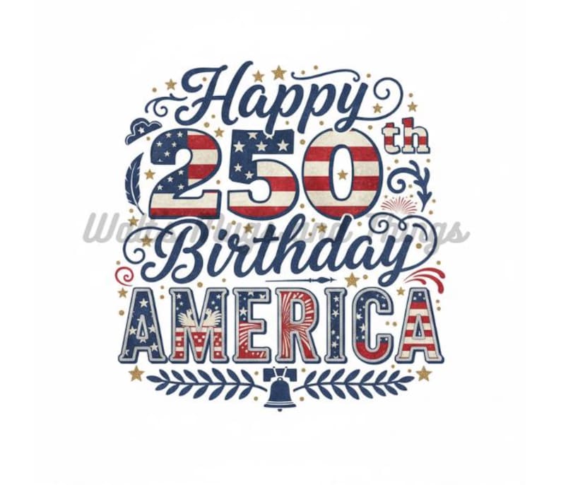 May include: A patriotic design celebrating America's 250th birthday. The image features the words "Happy 250th Birthday America" in a vintage style, with the numbers and letters incorporating the American flag's colors and stars.