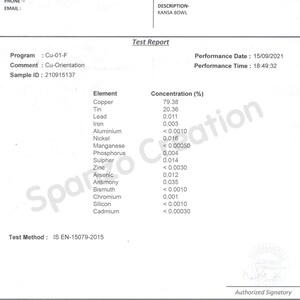 May include: A white test report with black text detailing the elemental composition of a Kansa Bowl. The report includes the program, sample ID, and performance date. Elements like copper, tin, and lead are listed with their concentrations.