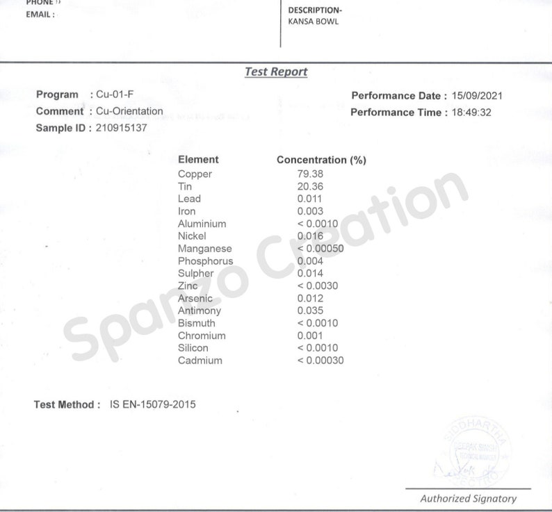 May include: A white test report with black text detailing the elemental composition of a Kansa Bowl. The report includes the program, sample ID, and performance date. Elements like copper, tin, and lead are listed with their concentrations.