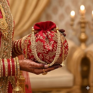 Satynowa torebka potli z haftem, indyjska kopertówka na upominki ślubne i woreczek/torebka na biżuterię