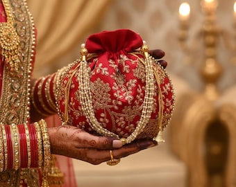 Geborduurde satijnen potli-tas, Indiase trouwbedankt-clutch en sieradenzakje/-tasje