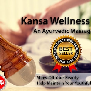 May include: A wooden Kansa Wellness Wand, an Ayurvedic massage tool, with a light-colored, rounded end. The wand is brown with a textured design. The image includes text that reads "Kansa Wellness Wand" and "Best Seller".
