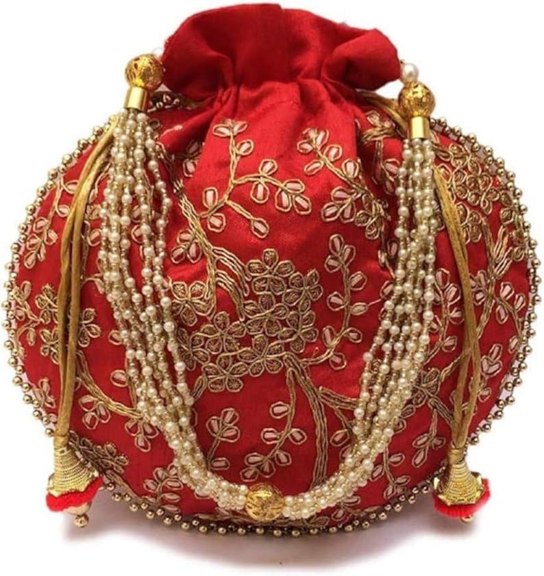 Broderad satin-potliväska, indisk bröllopsgåva och smyckespåse/påse Röd