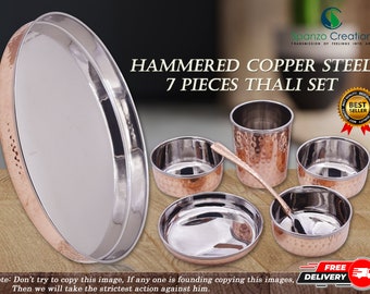 Indian Dinnerware Copper Stainless Steel Hammared Thali Set Traditional Dinner Set of 7 Pieces for Dining & Serving Tray Set