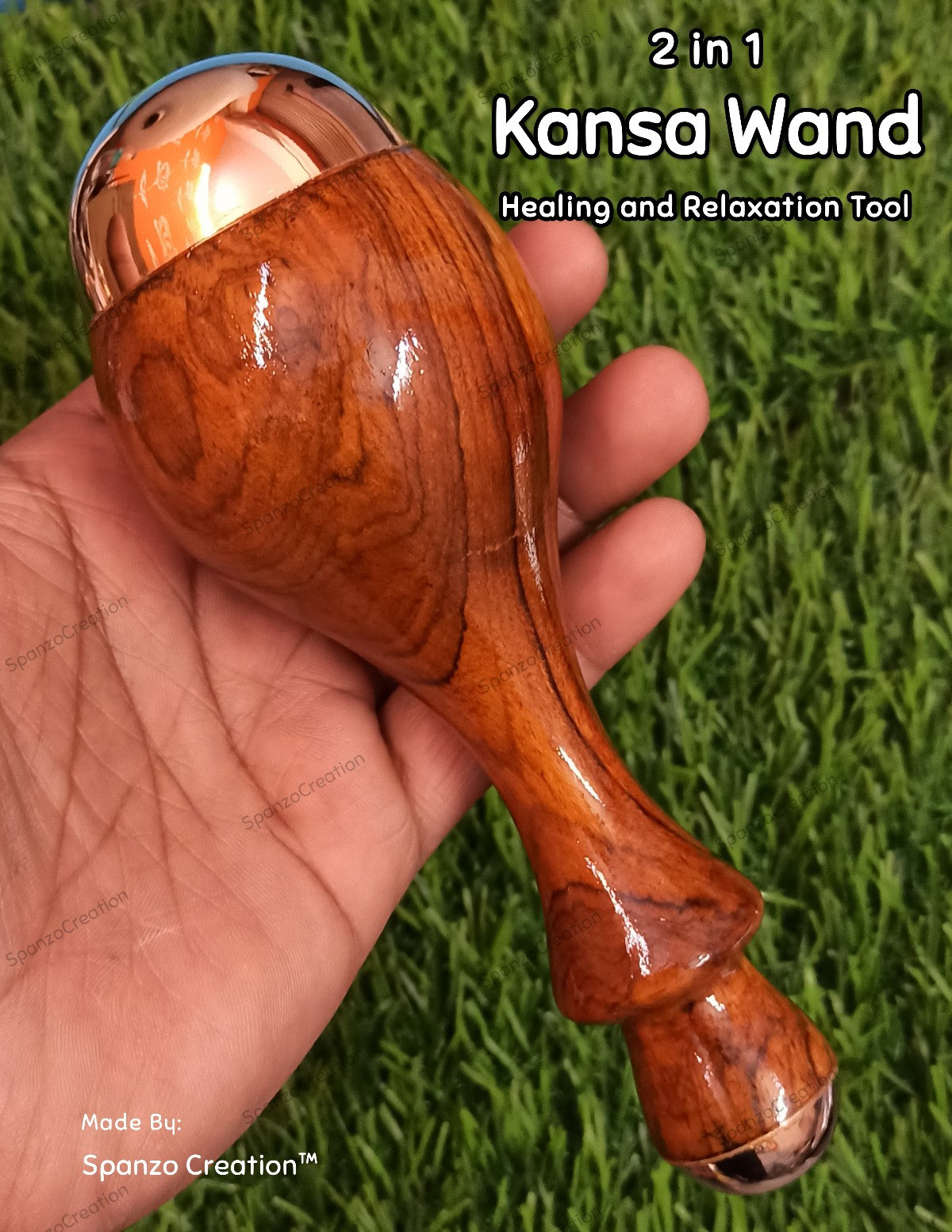 Ayurvedic Kansa Wand Massager: Copper & Tin, Teak Handle