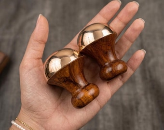 Kansa Wand Massager Set of 2 Mini Pocket Size Ayurvedic Bronze Dome, Teak Wood Handle, Face, Neck Eyes and Full Body Massage Tool