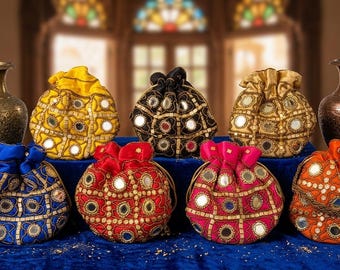 Broderad satin-potliväska med spegelmönster, indiskt bröllopspresentkort