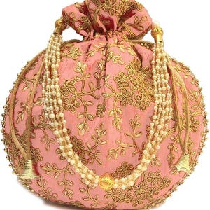 Broderad satin-potliväska, indisk bröllopsgåva och smyckespåse/påse Rosa