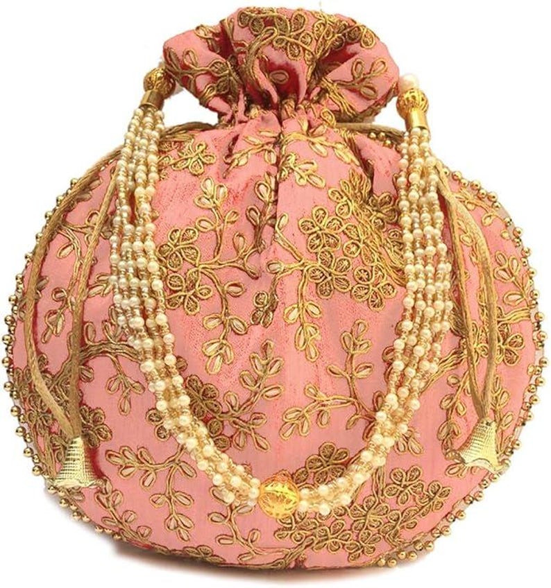Broderad satin-potliväska, indisk bröllopsgåva och smyckespåse/påse Rosa
