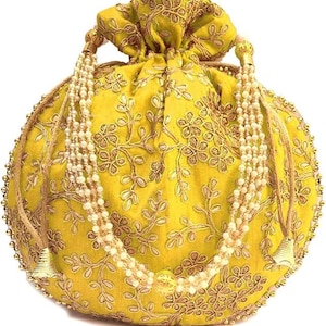 Broderad satin-potliväska, indisk bröllopsgåva och smyckespåse/påse bild 5