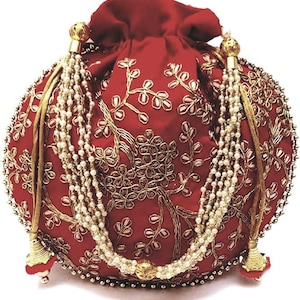 Broderad satin-potliväska, indisk bröllopsgåva och smyckespåse/påse bild 7