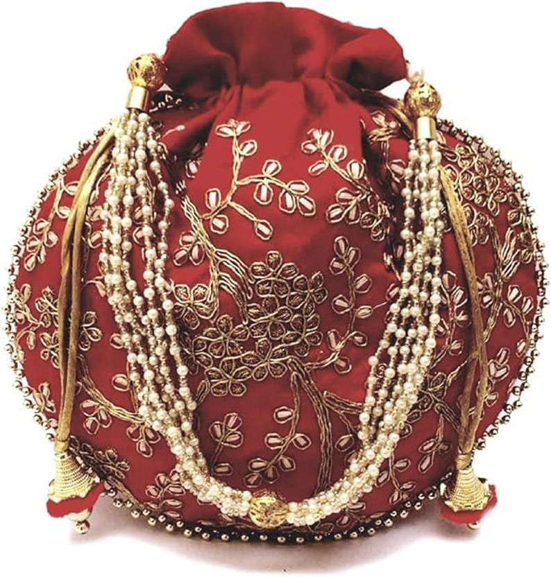 Broderad satin-potliväska, indisk bröllopsgåva och smyckespåse/påse bild 7
