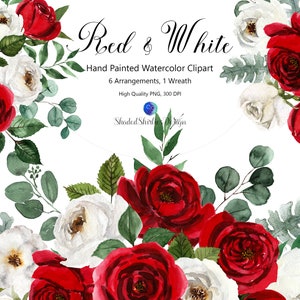 Rote und weiße Rosen, handgemaltes Aquarell Clipart, druckbare Hochzeitsgrafik.