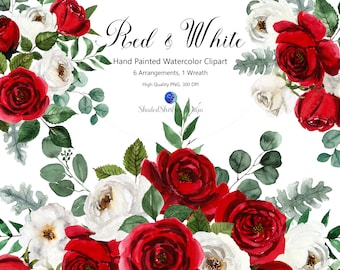 Red and White Roses Bouquets, Hand Painted Watercolor Clipart Set, Printable wedding graphics.