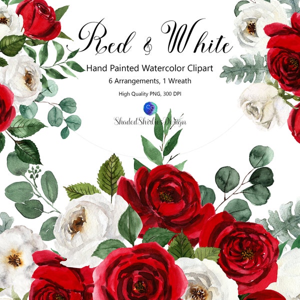 Mazzi di rose rosse e bianche, set di clipart ad acquerello dipinto a mano, grafica per matrimonio stampabile.